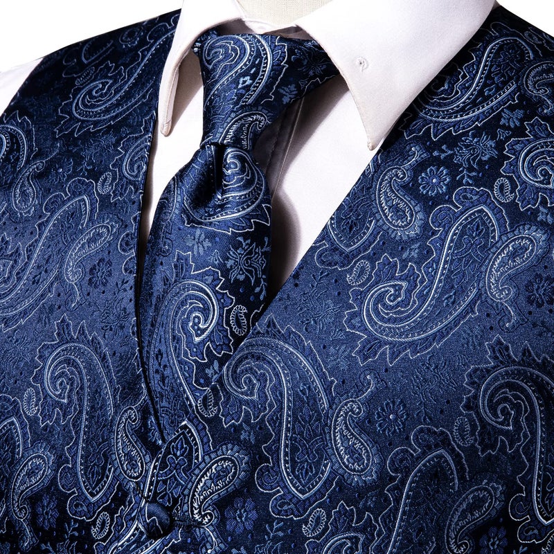Hi-Tie Paisley Blue White Mens Silk Vest Set and Tie Handkerchief Jacquard Formal Dress Waistcoat for Tuxedo Wedding Party Business - Image 3